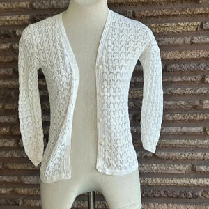 Vintage 70s White Lace Knit Cardigan Sweater